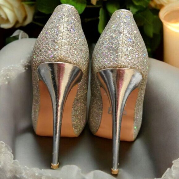 Silver Glitter Heels ✦ Deb Peep-Toe Stilettos ✦ Formal 4” High Heel Size 7 EUC - Picture 4 of 14